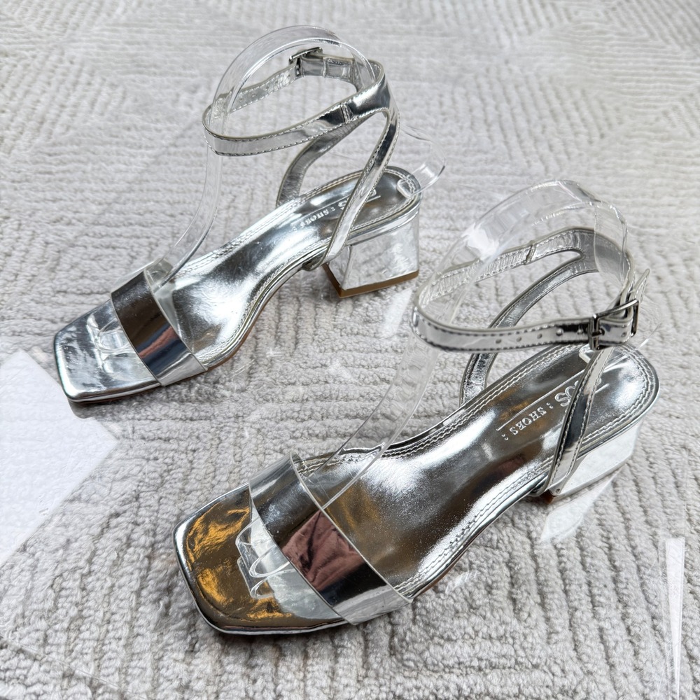 ASOS Block Heel Sandal Women 7 US Silver Metallic 5 UK Square Toe Y2K Disco Glam